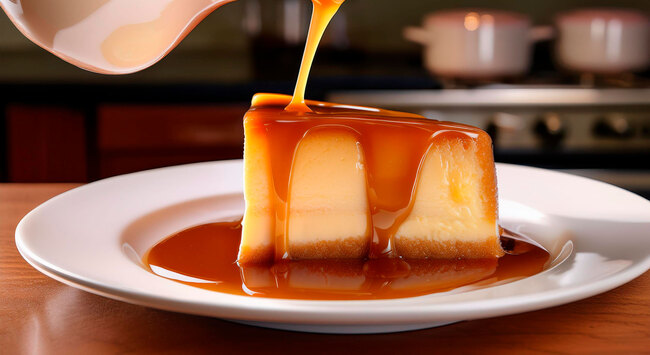 fatia de pudim de leite condensado no prato com calda de caramelo