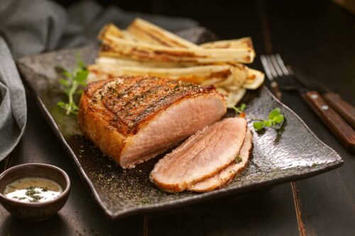 Picanha com Molho de Mostarda com Ervas e Palmito Pupunha Assado