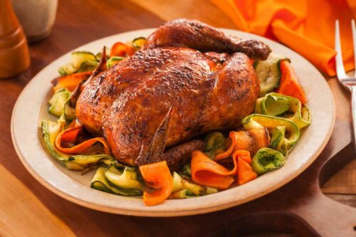 Frango de Padaria com Legumes Grelhados