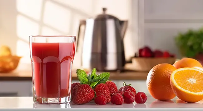 A imagem apresenta um copo de suco de frutas vermelhas sobre uma bancada branca, acompanhado de frutas frescas ao redor. O suco tem uma coloração intensa e uma textura suave. Ao lado do copo, há morangos, framboesas, folhas de hortelã e laranjas cortadas ao meio, sugerindo que esses ingredientes foram utilizados no preparo da bebida. O fundo exibe uma cozinha iluminada com luz natural, onde uma chaleira metálica e uma fruteira com mais frutas podem ser vistas, criando um ambiente aconchegante e saudável.