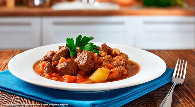 Um prato cheio de sabor e aconchego te espera! Cubos de carne tenra, cozidos em um molho rico e aromático, com pedaços de legumes que derretem na boca. Uma explosão de cores e sabores em cada garfada, ideal para um almoço em família ou um jantar especial.