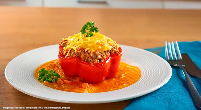 No seu prato, um pimentão vermelho vibrante, recheado com carne e queijo derretido, repousa sobre um leito de molho cremoso. Salsinha fresca adiciona um toque de cor e sabor. Uma explosão de sabores e texturas em um só prato!