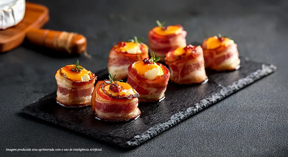 Uma travessa de ardósia com petiscos: 6 bolinhas de batata envoltas em bacon, com queijo derretido e alecrim. Em fundo, queijo brie com mel e nozes, e um garfo de prata. Minimalista e apetitoso, ideal para compartilhar.