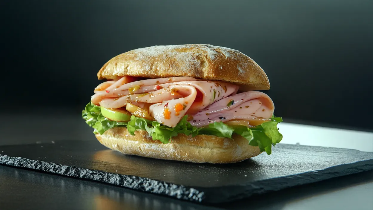 Um sanduíche gourmet de salsichão fatiado com picles em um prato escuro. O pão é crocante, o recheio inclui alface e maça