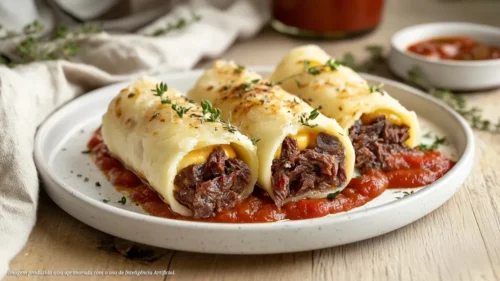 Canelones de jerked beef traseiro com queijo manteiga e molho de tomate confitado