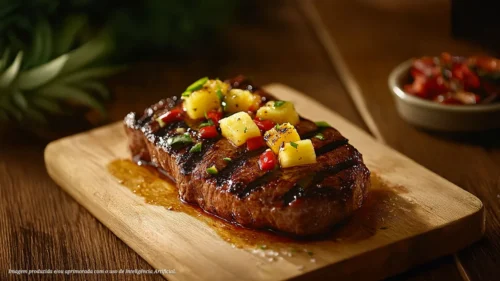 Contrafilé grelhado com molho de abacaxi caramelizado com pimenta