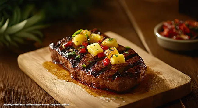Bife grelhado suculento com abacaxi e pimenta, explosão tropical! Molho adocicado realça o sabor da carne macia, contraste irresistível. Prato de madeira rústica e molho extra vibrante, experiência gourmet completa