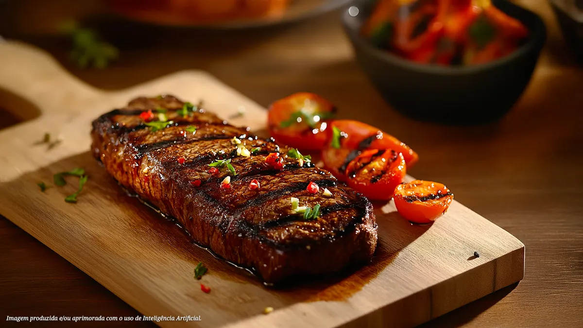 Contrafilé na brasa com tomates grelhados