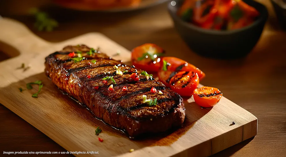 Suculento bife grelhado com marca de grelha apetitosa, repousa sobre tábua rústica. Tomates grelhados ao lado, com tempero verde fresco. Molho vibrante em tigela, explosão de cores e sabores. Refeição gourmet completa, textura irresistível.