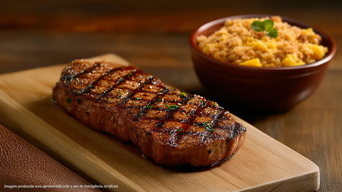 Steak de ancho ao ponto com farofa de banana-da-terra