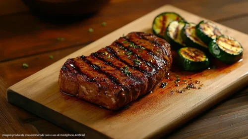 Steak de ancho selado com abobrinhas na brasa