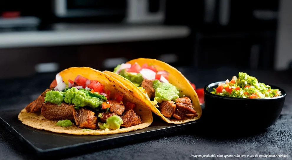 Deslize para um mundo de sabores mexicanos! Tacos recheados com carne suculenta e guacamole vibrante, em prato escuro elegante. Molho refrescante em tigela, explosão de cores e aromas. Uma experiência gastronômica autêntica e inesquecível!
