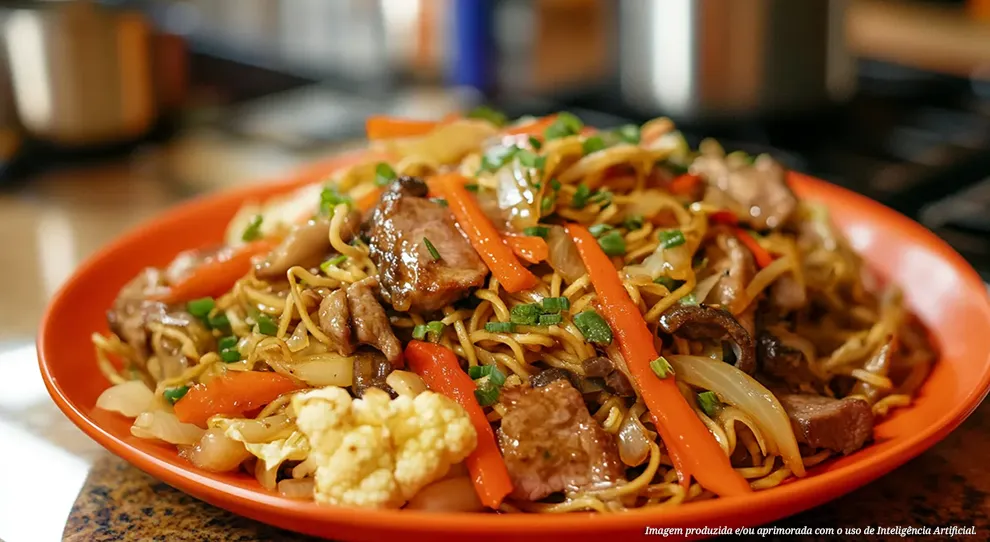 Close-up de um prato de yakissoba com carne e shimeji, mostrando a mistura de macarrão refogado, carne em cubos, cogumelos escuros, cenouras em julienne, repolho branco e couve-flor, finalizado com cebolinha verde picada.