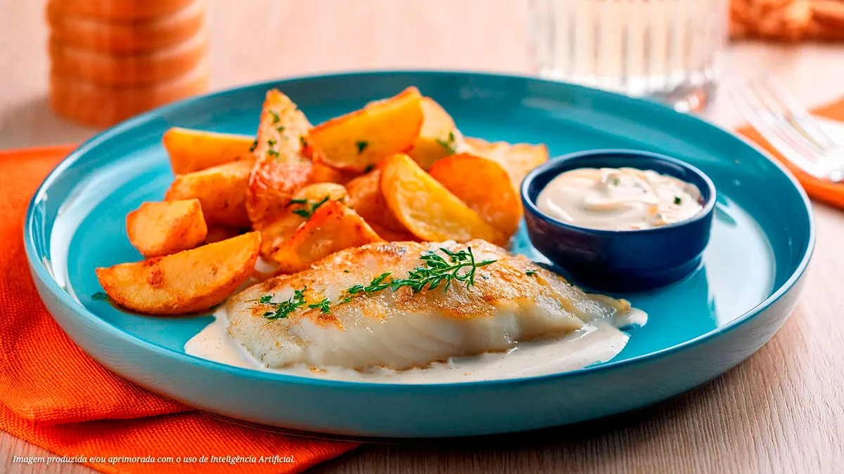 Delicada tilápia em leito de molho branco cremoso, repousa no prato azul vibrante. Batatas douradas em pedaços rústicos e molho branco em tigela, textura irresistível. Salsa picada para finalizar, experiência gourmet completa