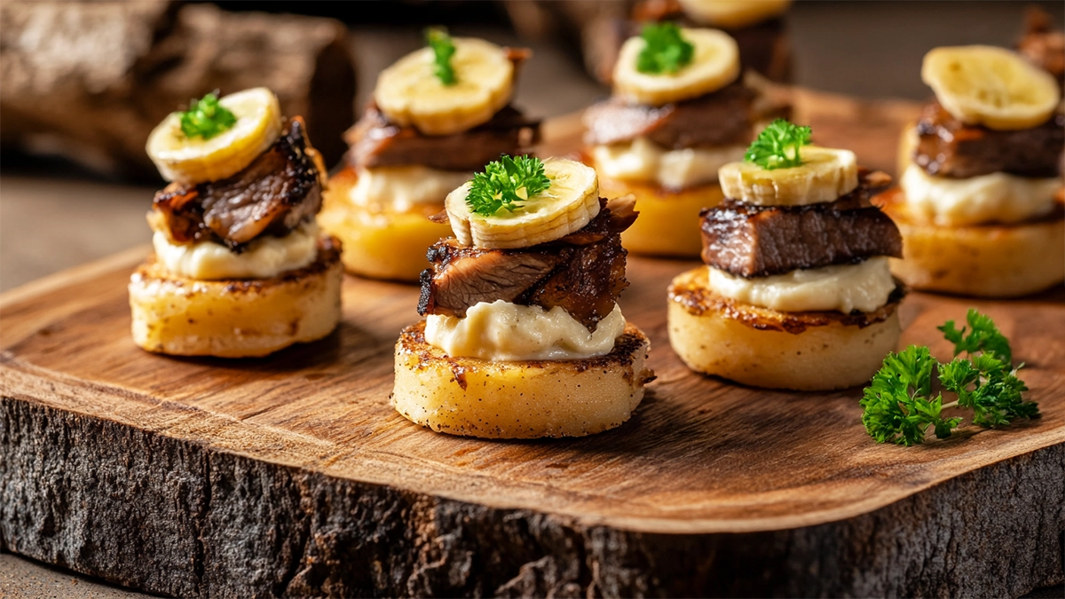 Canapé de peito bovino com mandioca crocante e creme de banana da terra