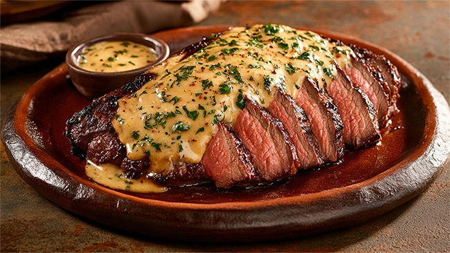 Bife de fraldinha suculento fatiado com molho de queijo cremoso e ervas frescas, servido em prato de barro rústico.