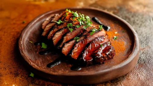 Peito bovino na brasa com glacê de melado e urucum