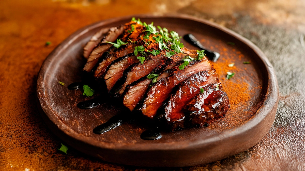 Peito bovino na brasa com glacê de melado e urucum