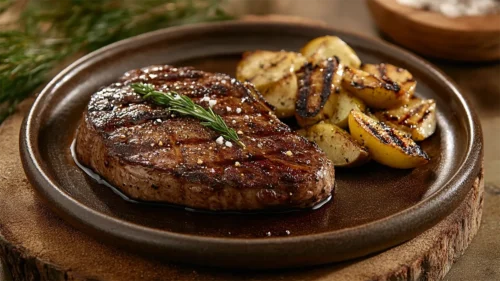 Escalope com peras grelhadas e redução de balsâmico