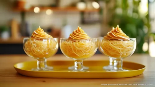 Fios de ovos com creme de leite e caramelo
