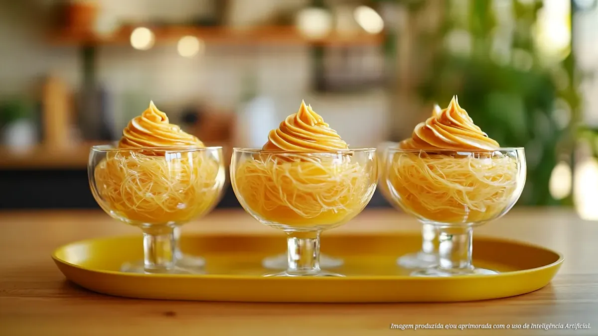 Fios de ovos com creme de leite e caramelo
