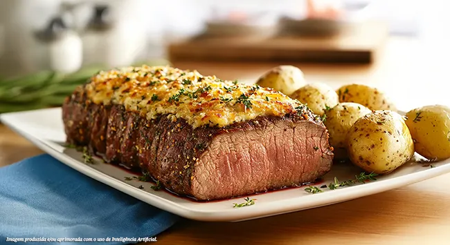 Deslize para um mundo de sabores sofisticados! Filé mignon assado com crosta dourada e batatas rústicas. Cores vibrantes e texturas irresistíveis, convite para um jantar especial. Uma explosão de sabores marcantes e aconchegantes!