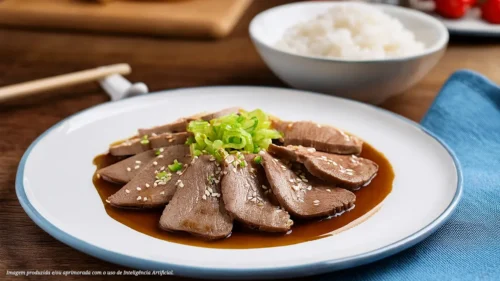Língua bovina picante com wasabi e gergelim