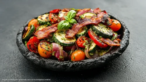 Bacon crocante com molho pesto de manjericão e legumes grelhados