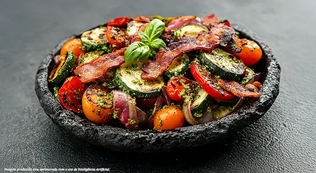 No seu prato, um festival de cores e sabores! Abobrinhas e tomates cereja salteados com pesto fresco, bacon crocante e cebola roxa. Tigela rústica e textura irresistível, convite para um jantar saudável e delicioso.
