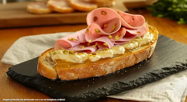Torrada crocante com mortadela, queijo cremoso e pistache, finalizada com fatias finas de mortadela e mel. Uma explosão de sabores e texturas, perfeita para um lanche rápido e saboroso.