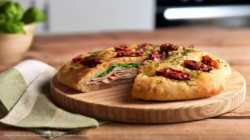 Focaccia artesanal com peito de frango defumado, tomates secos e pesto de manjericão
