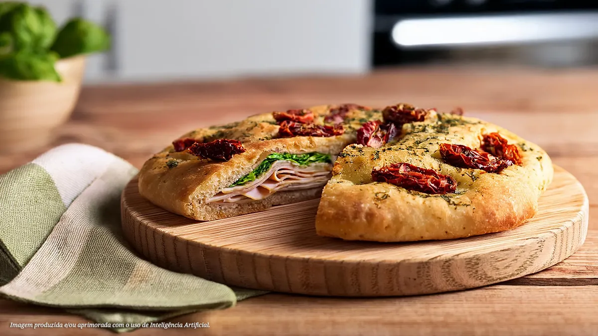 Focaccia artesanal com peito de frango defumado, tomates secos e pesto de manjericão
