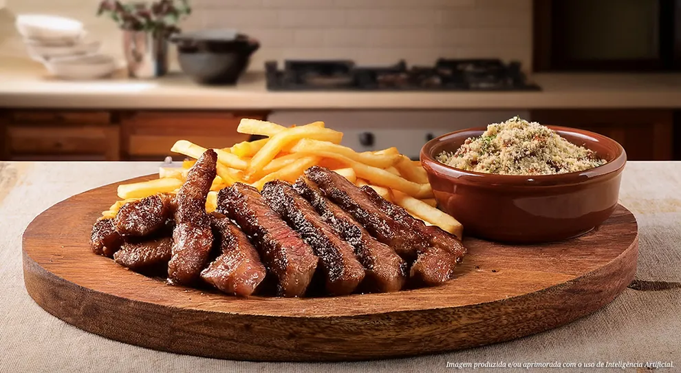 Irresistível carne em tiras, macia e suculenta, com batatas fritas crocantes e farofa temperada. Servidas em tábua de madeira rústica, uma combinação perfeita para um almoço saboroso e cheio de energia