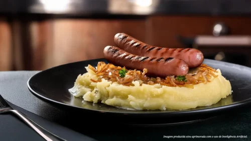Linguiça Toscana com purê de repolho e cebola caramelizada