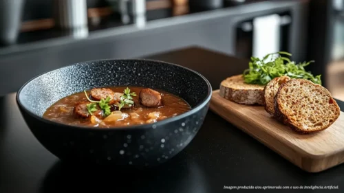 Sopa de linguiça Toscana com cebolas caramelizadas e pão de centeio