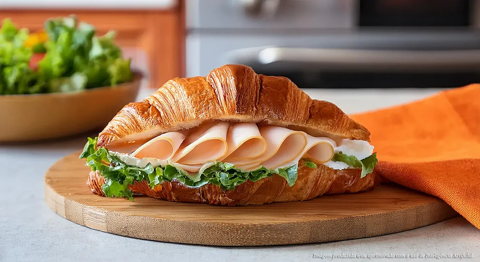Croissant fresquinho e recheado com fatias de peito de peru, queijo cremoso e alface crocante. Uma combinação deliciosa e perfeita para um café da manhã ou lanche da tarde irresistível.