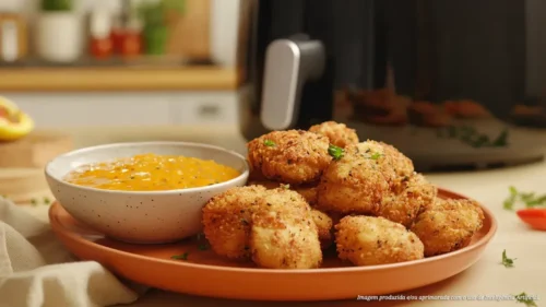 Iscas de frango apimentadas feitas na airfryer com molho de maracujá