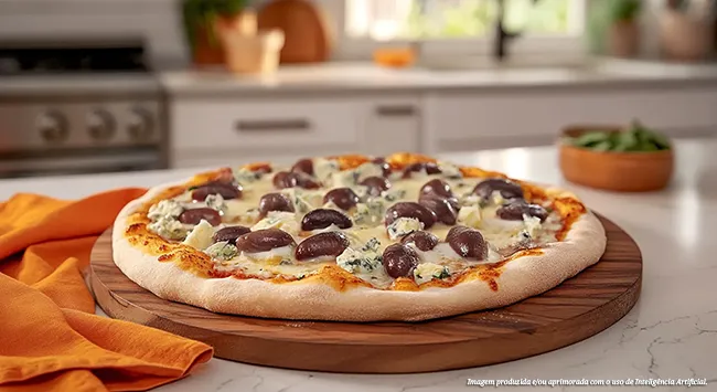 Pizza irresistível com massa macia e borda crocante! Coberta com queijo derretido, azeitonas e temperos frescos, uma explosão de sabores para compartilhar. Perfeita para qualquer ocasião, essa delícia vai conquistar seu paladar!