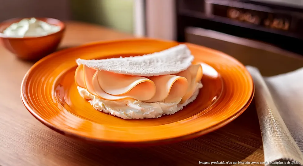 Tapioca dobradinha com recheio cremoso de queijo e frango, em prato laranja vibrante. Guarnição e textura irresistível, perfeita para um café da manhã ou lanche rápido e saboroso. Uma explosão de sabores!