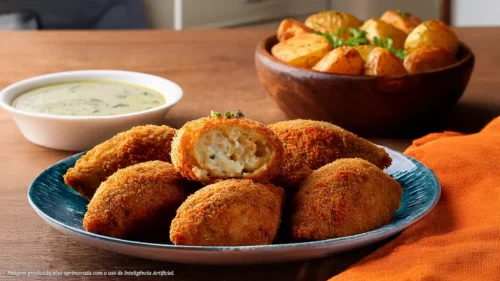Bolinhos de bacalhau com molho de azeitonas e batatas rústicas