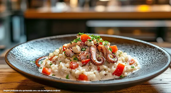 Arroz com polvo grelhado e tomates frescos em um prato elegante. Uma explosão de cores e sabores, com destaque para a textura do risoto e a apresentação convidativa.