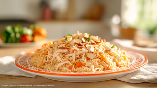 Arroz Sírio com Frango Desfiado e Amêndoas em Lascas
