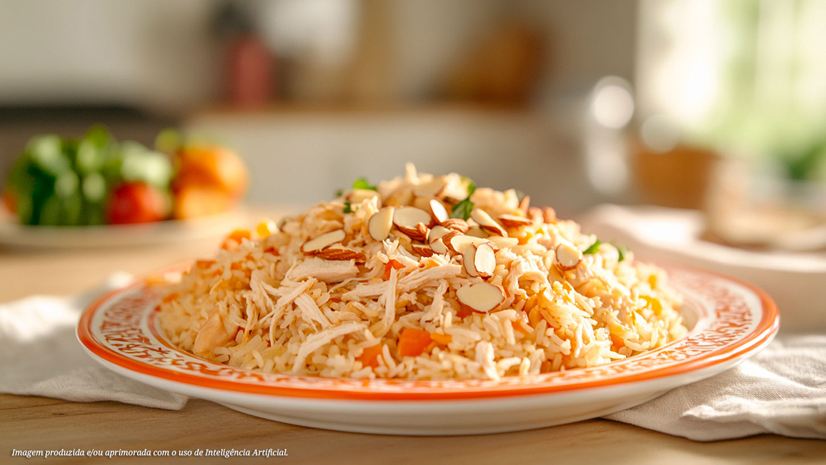 Arroz Sírio com Frango Desfiado e Amêndoas em Lascas