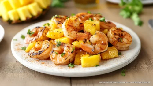Camarão coqueiro – Camarões grelhados com abacaxi e manga salteados em gengibre