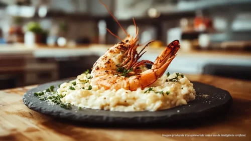 Camarão tigre com arroz de leite