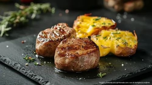 Filé mignon com manteiga de ervas e batatas ao murro