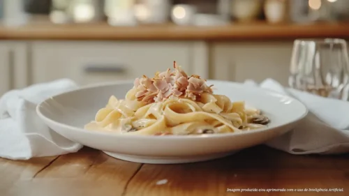 Linguine com peito de frango defumado, cogumelos e molho de creme de trufas