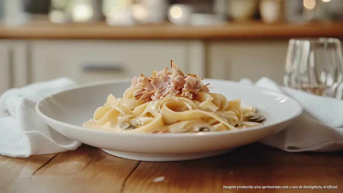 Linguine com peito de frango defumado, cogumelos e molho de creme de trufas