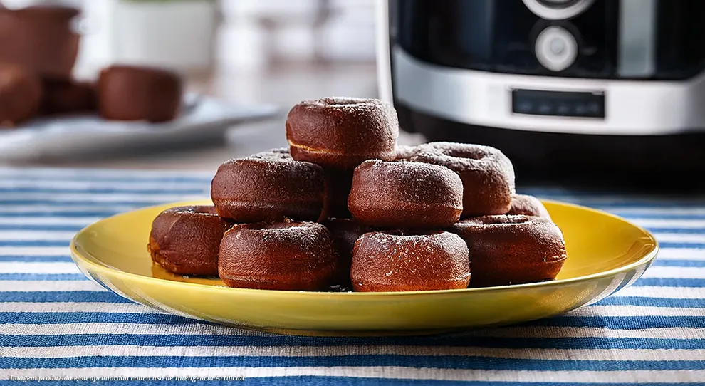 Mini donuts dourados e fofinhos empilhados em prato amarelo vibrante. Açúcar de confeiteiro e textura irresistível, convite para um café da manhã delicioso. Uma explosão de sabores caseiros e marcantes!
