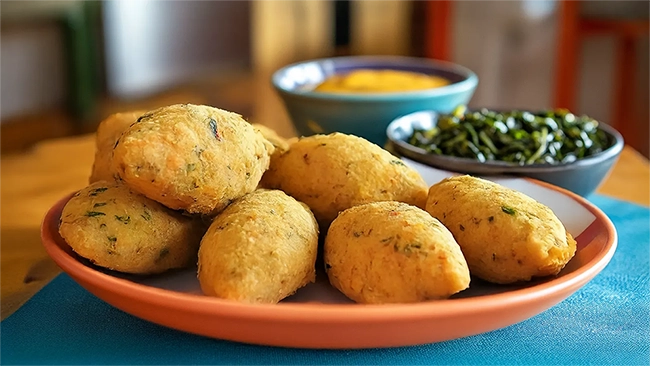 Bolinhos de bacalhau em um prato, molho de mostarda amarelo e espinafre verde. Um prato colorido e apetitoso.
